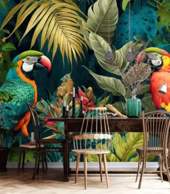 Tropical Rainforest With Parrots Mural Wallpaper Tropical rainforest with Parrots Mural Wallpaper