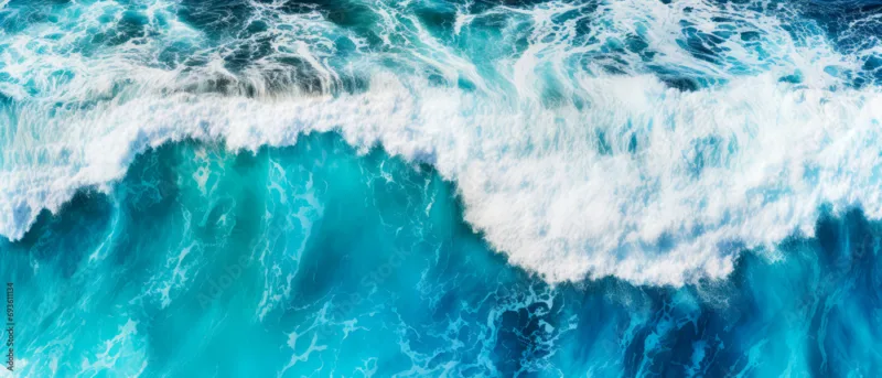 An aerial view of seascape. Top down.Ocean wave on coastline. Panoramic nature wallpaper. Generative ai