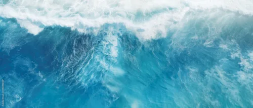 An aerial view of seascape. Top down.Ocean wave on coastline. Panoramic nature wallpaper. Generative ai