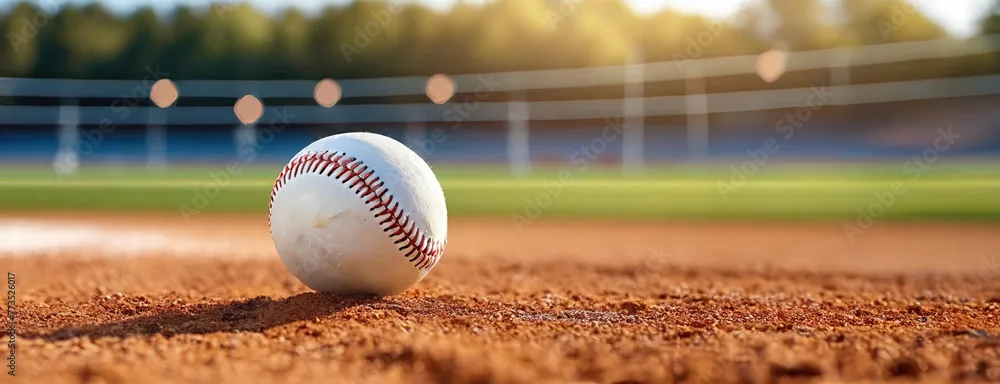 A baseball resting on the pitcher's mound in an empty stadium. Panorama with copy space.