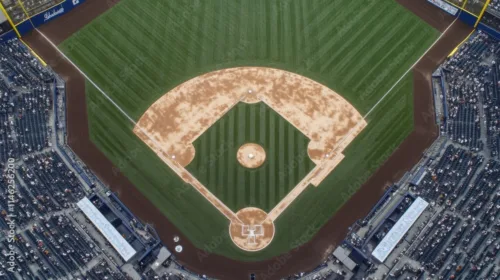Aerial view of a baseball field with neatly manicured grass and seating areas.