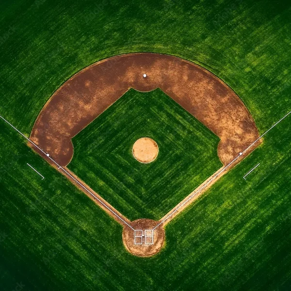 Aerial view of a pristine baseball diamond with lush outfield grass Aerial view of a pristine baseball diamond with lush outfield grass