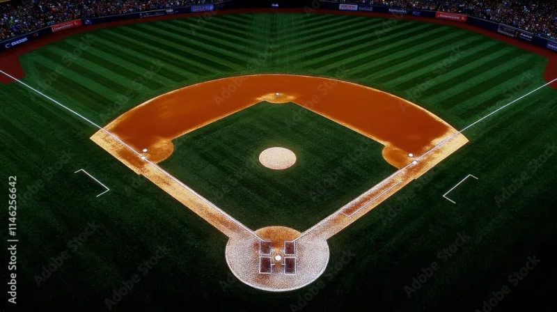Aerial view of a baseball diamond with manicured grass and infield dirt.