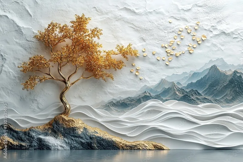 3D mural wallpaper shows white, gold waves, gold tree. Design embossed creating relief effect. Abstract art decorates wall background. Modern design for home . 32k Resolution