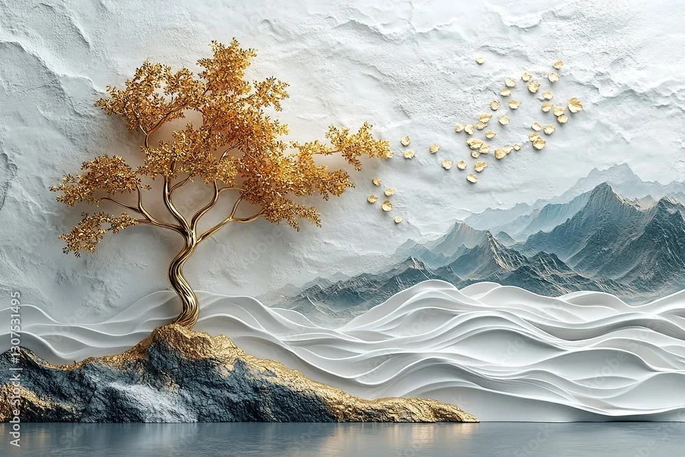 3D mural wallpaper shows white, gold waves, gold tree. Design embossed creating relief effect. Abstract art decorates wall background. Modern design for home . 32k Resolution 3D mural wallpaper shows white, gold waves, gold tree. Design embossed creating relief effect. Abstract art decorates wall background. Modern design for home . 32k Resolution