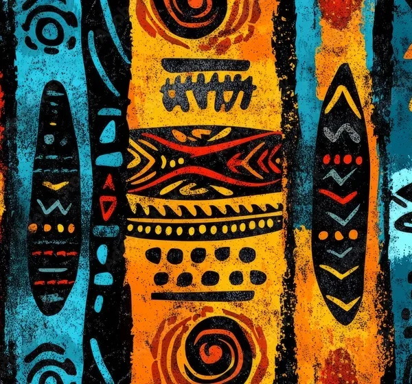 Vibrant, Textured Artwork Featuring Bold African Tribal Patterns In Warm Colors. Think Bold Lines, Earthy Tones, And Geometric Shapes.