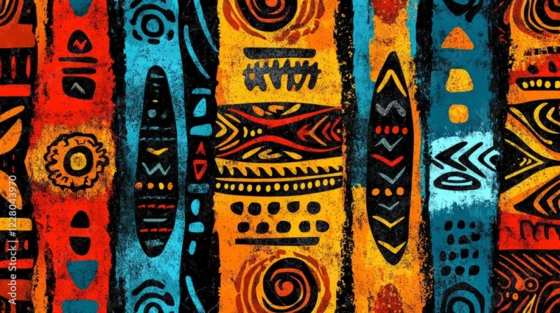 Vibrant, Textured Artwork Featuring Bold African Tribal Patterns In Warm Colors. Think Bold Lines, Earthy Tones, And Geometric Shapes.