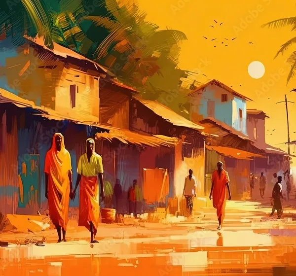 illustration of evening sunset at rural countryside African village with people walking on street, idea for home wall decor picture, Generative Ai