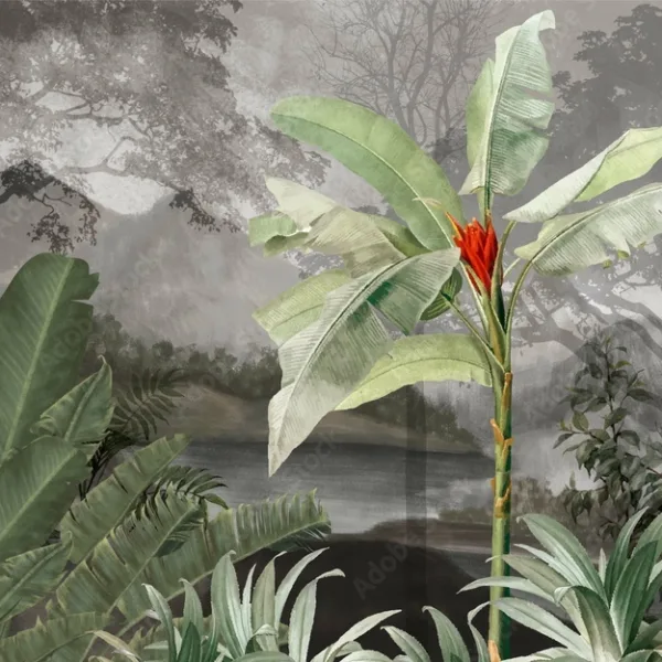 Tropical trees landscape wallpaper design, brush texture, plant and leaf, forest bacground, vintage, mural art.
