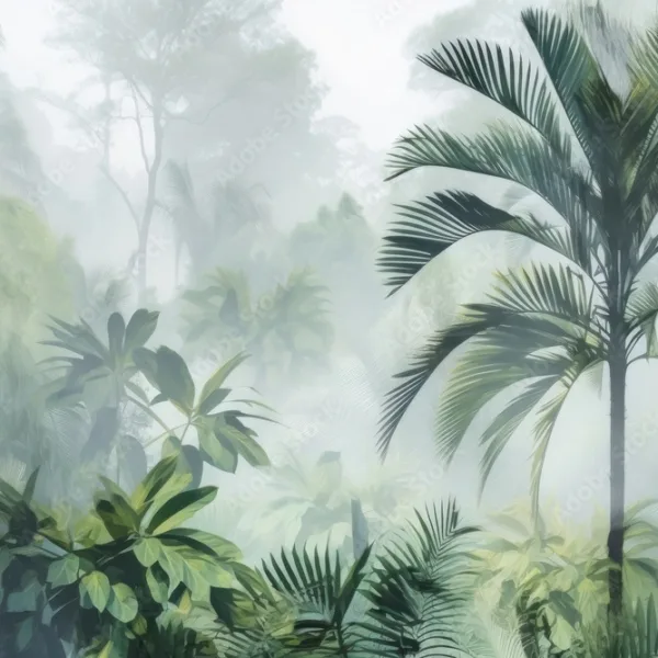 Illustration of tropical trees and leaves in a misty forest. Generative AI