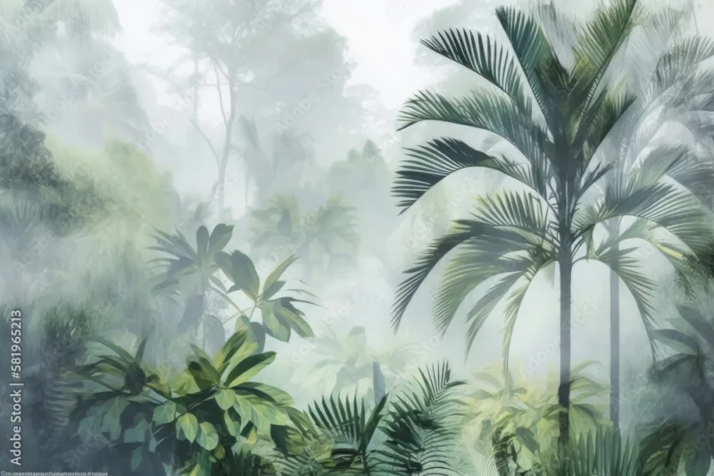 Illustration Of Tropical Trees And Leaves In A Misty Forest. Generative Ai Illustration of tropical trees and leaves in a misty forest. Generative AI