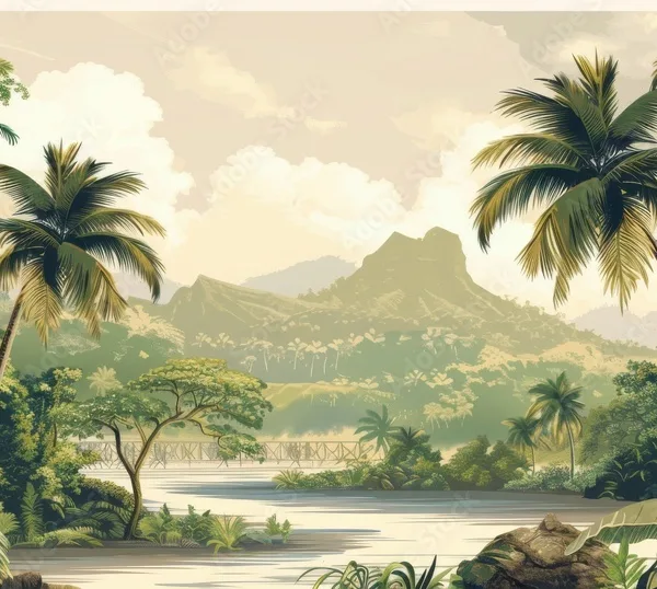 The interior print mural depicts a jungle landscape with a river and palm trees.