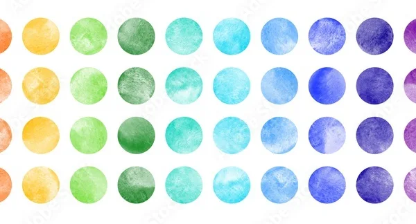 Watercolor circle shape stains, smears collection. Bright rainbow colors brush drawn dot pattern. Colorful watercolour round paint spots set, big dots illustration, design elements. Text background.